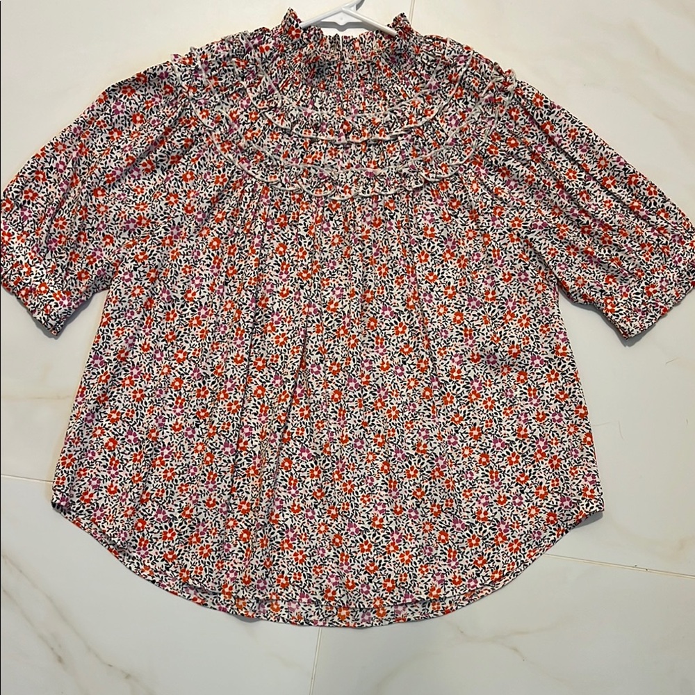 Ann Taylor Red and Orange Puff Sleeve Blouse